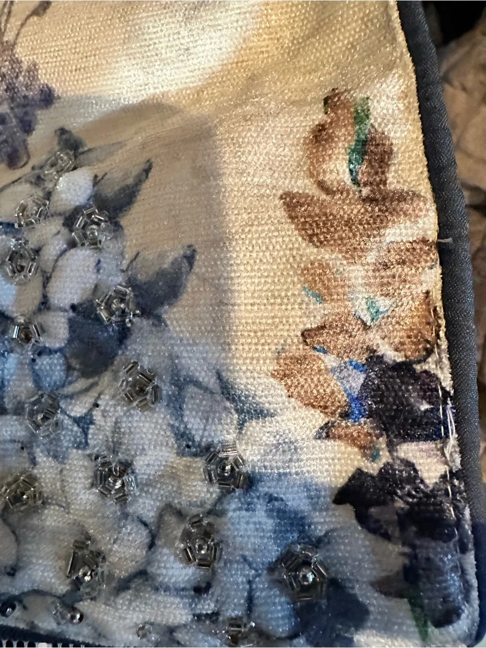 Floral Hydrangea beaded table runner in Cream, tan and Blue